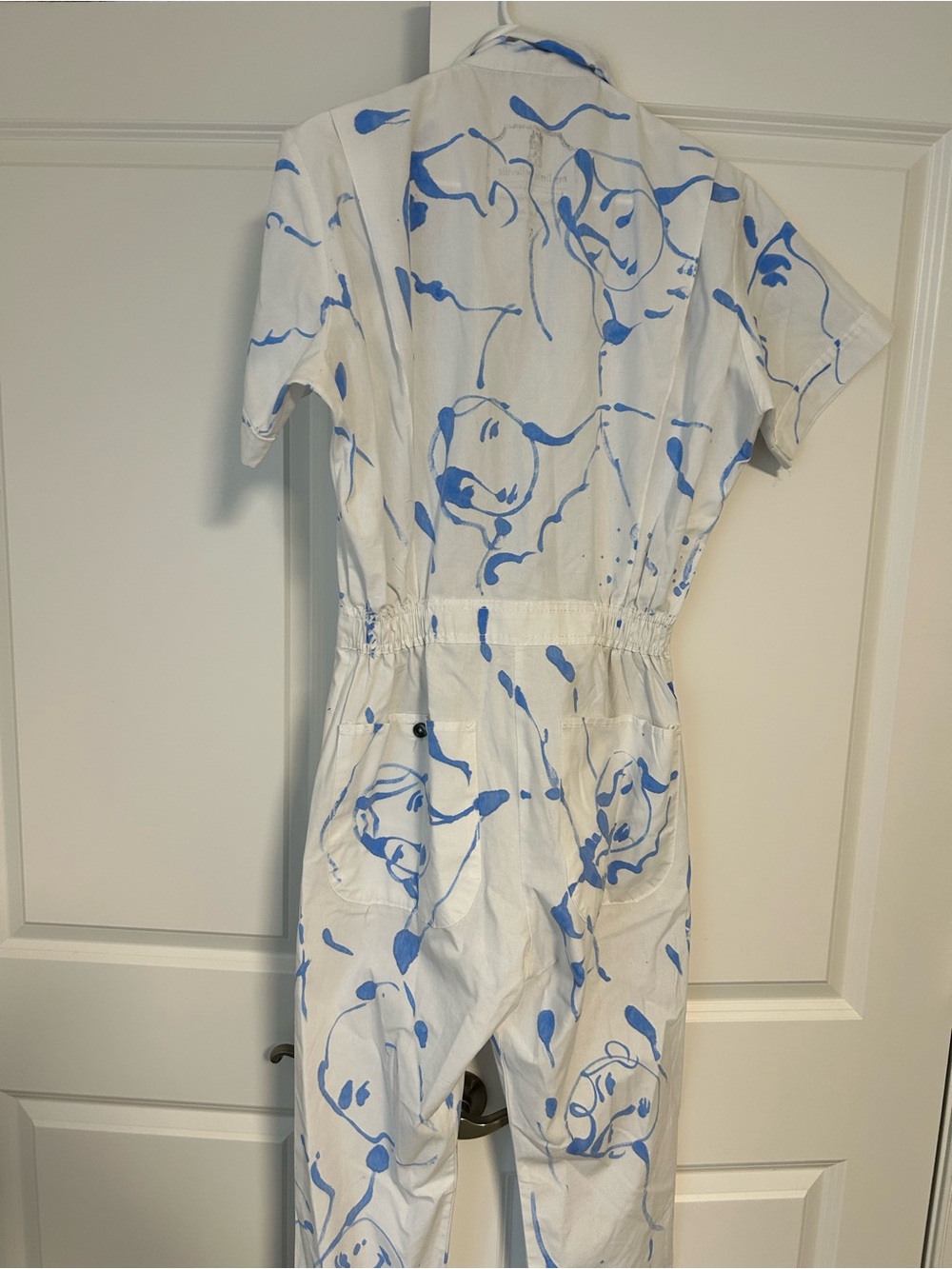 White Jumpsuit with Blue Paint-Splash Print